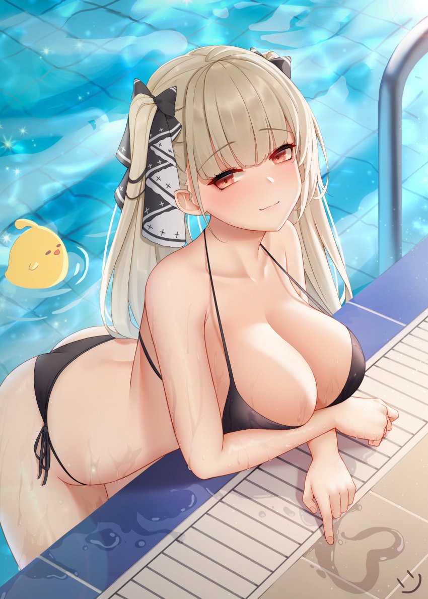 1girls azur_lane bikini black_bikini breasts cleavage female formidable_(azur_lane) hair_ribbon highres large_breasts long_hair looking_at_viewer manjuu_(azur_lane) platinum_blonde_hair pool poolside red_eyes swimsuit twintails two-tone_ribbon water wei_xiao wet_skin