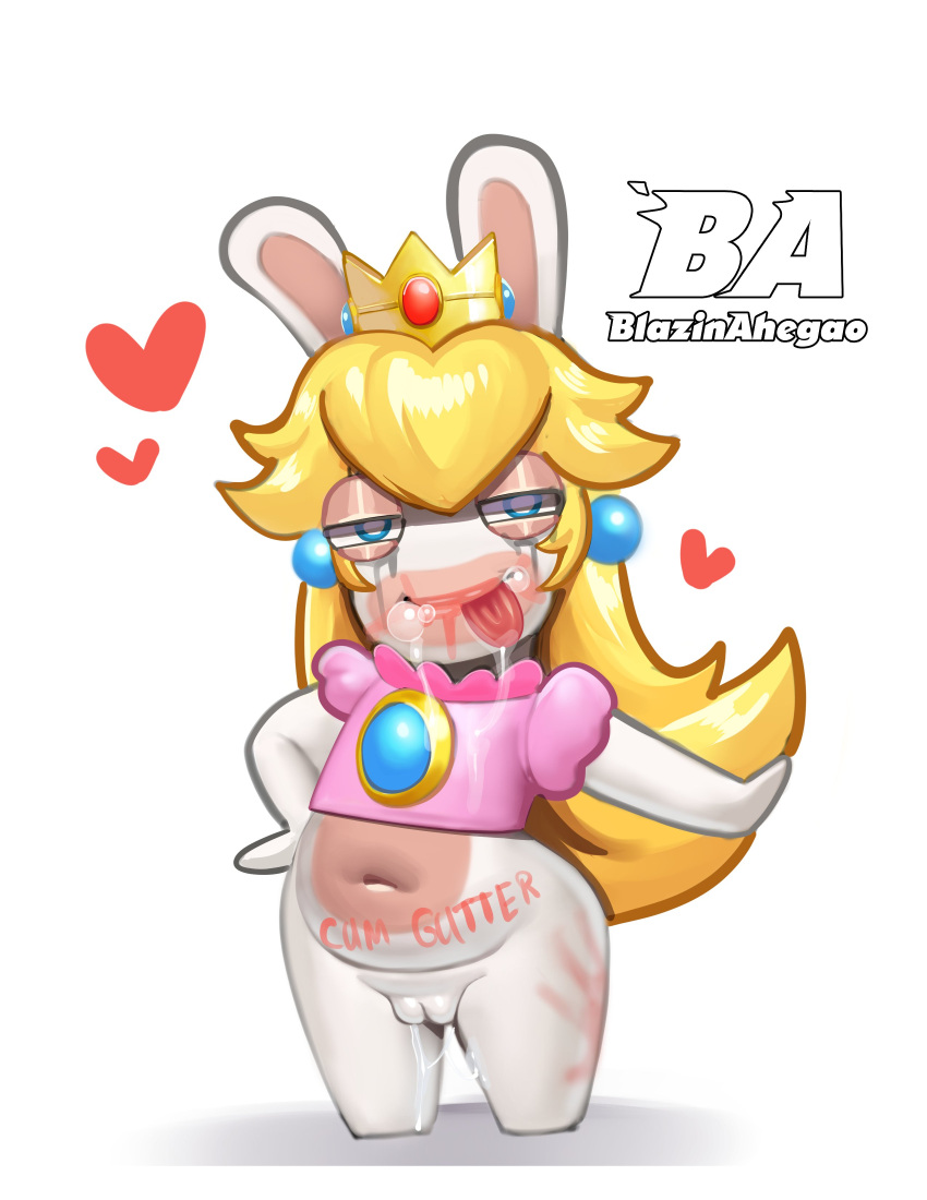 absurd_res anthro blazinahegao blazinalley bodily_fluids crossover cum female genital_fluids hi_res lagomorph lidded_eyes mammal mario_(series) mario_+_rabbids mario_+_rabbids:_kingdom_battle nintendo rabbid rabbid_peach raving_rabbids smeared_makeup solo tongue tongue_out ubisoft video_games