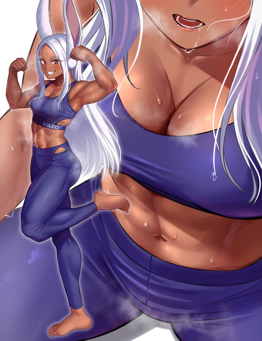 1girls abs absurd_res absurdres animal_ears bare_shoulders blush breasts brown_eyes cleavage dark-skinned_female dark_skin eyebrows_visible_through_hair female flexing grin long_hair looking_at_viewer medium_breasts midriff miruko multiple_views muscular muscular_female my_hero_academia navel open_mouth pose rabbit_ears rabbit_girl rumi_usagiyama sleeveless smile sports_bra standing standing_on_one_leg sweat teeth toin_(iitoin) tongue white_hair