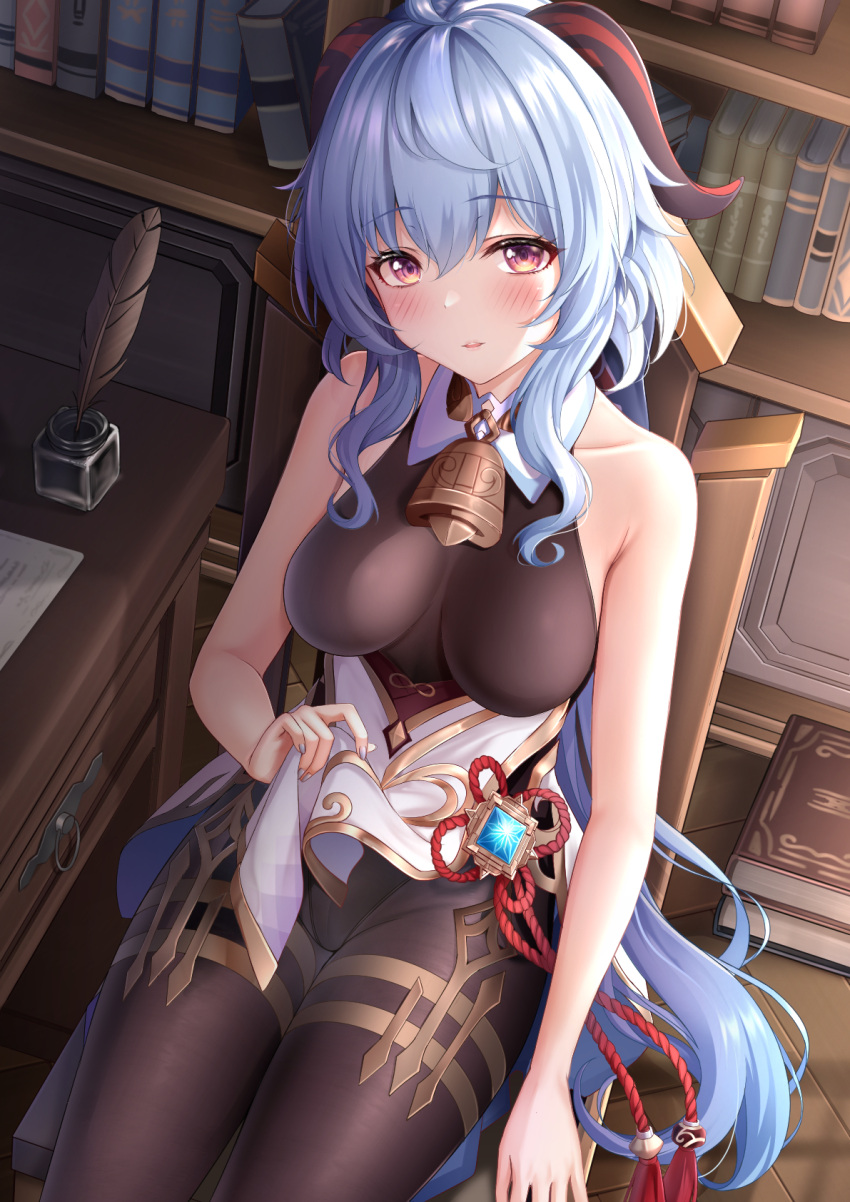 aqua_hair bangs bare_arms bare_shoulders bell blush book bookshelf breasts brown_bodysuit chair commentary_request desk eyebrows_visible_through_hair female ganyu_(genshin_impact) genshin_impact grey_nails highres horns inkwell jewelry long_hair looking_at_viewer medium_breasts monaka_curl nail_polish pantyhose paper pendant purple_eyes quill reward_available sidelocks sitting sleeveless sleeveless_bodysuit solo