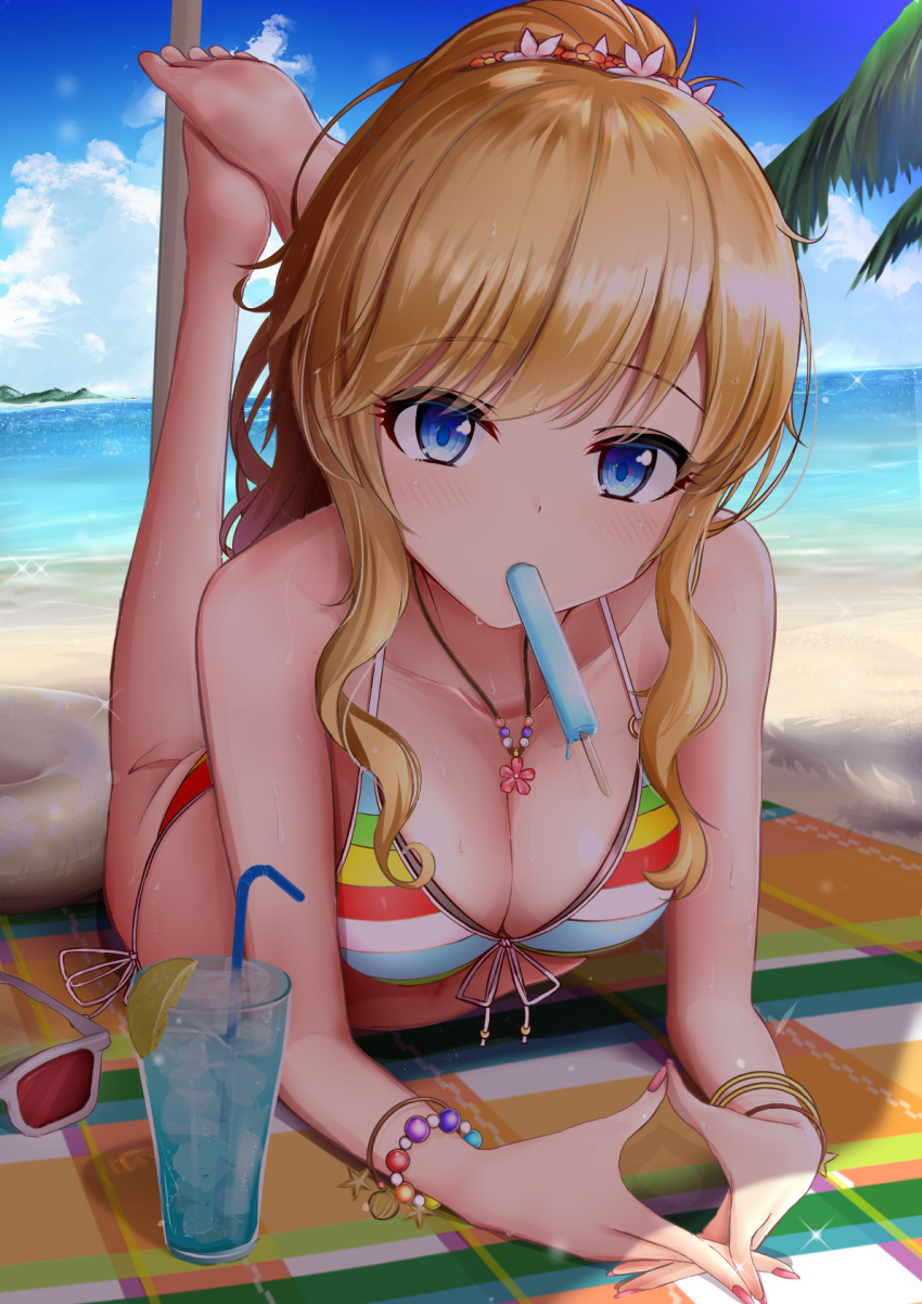 bangs bare_shoulders barefoot beach bendy_straw bikini blonde_hair blue_eyes blue_sky breasts cleavage cloud cloudy_sky collarbone commentary cup day drink drinking_glass drinking_straw eyebrows_visible_through_hair feet feet_up female fingernails fingers_together flower food food_in_mouth front-tie_bikini front-tie_top gyaru hair_between_eyes hair_flower hair_ornament high_ponytail highres horizon ice ice_cube idolmaster idolmaster_cinderella_girls innertube legs_up long_fingernails long_hair lying medium_breasts monaka_curl mouth_hold nail_polish ocean on_stomach ootsuki_yui outdoors palm_tree pink_flower pink_nails ponytail popsicle red-framed_eyewear sand sky soles solo striped striped_bikini sweat swimsuit the_pose tree water white-framed_eyewear