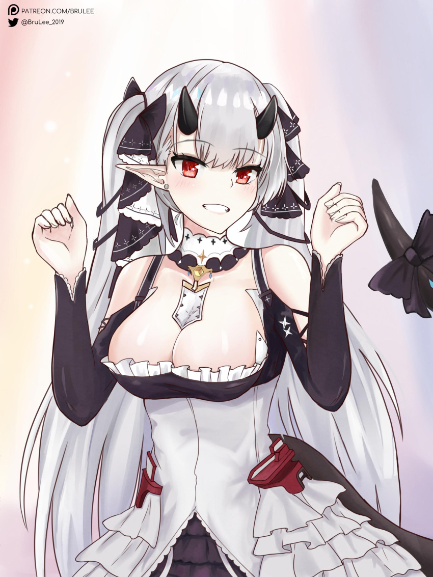 azur_lane brulee_(y11) cleavage cosplay crossover_cosplay dragon_girl dress epic7 formidable_(azur_lane) hair_ornament horns huge_breasts long_hair red_eyes smiling white_hair yufine_(epic7)