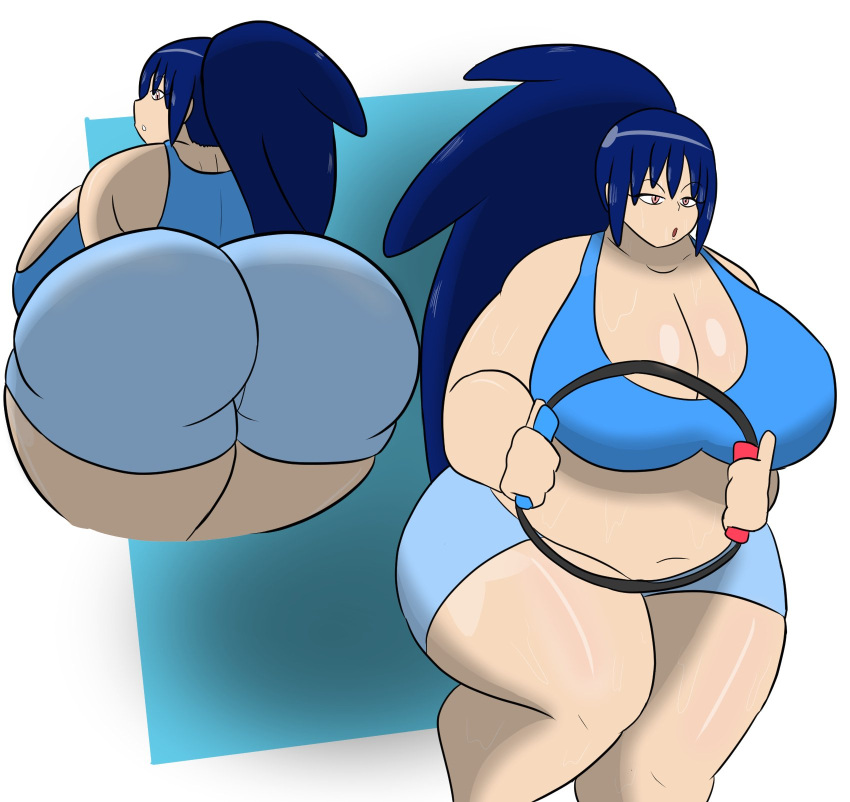 1girls ass blue_hair booty_shorts breasts chubby female greninja huge_breasts humanoid igphhangout long_hair mizu_(igphhangout) open_mouth pink_eyes pokemon pokemon_(species) pokemon_xy ponytail ring_fit_adventure sports_bra sweat white_background white_skin