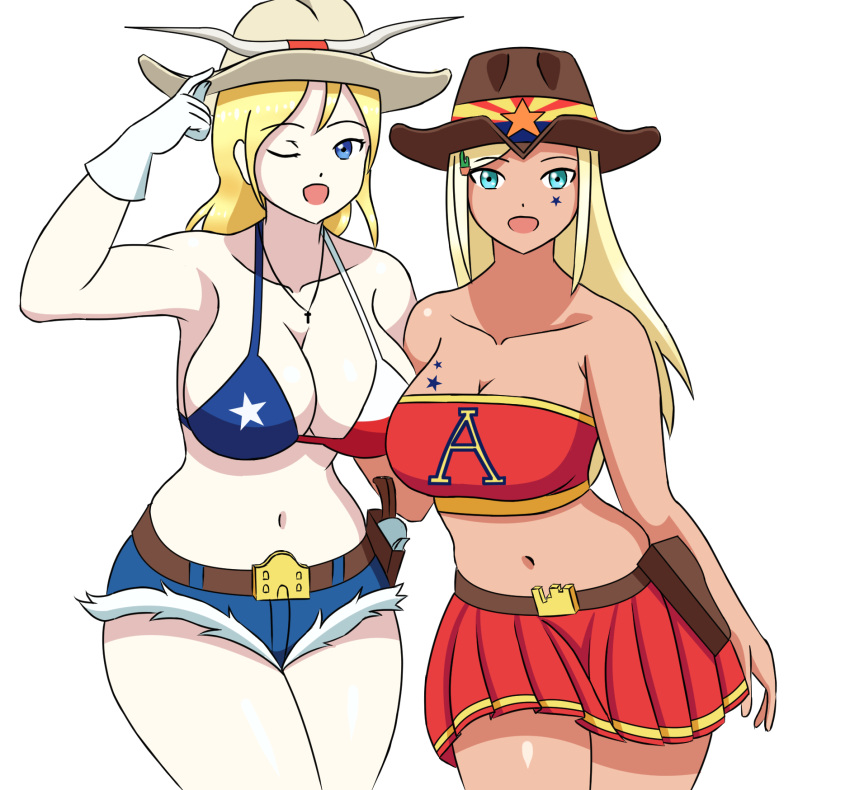 2021 2girls arizona belly_button blonde_hair blue_eyes breasts cowboy_hat female gloves gun_holster human moemorphism pale_skin personification revealing_clothes sealllll shorts skirt tan_skin texas texas_flag winking