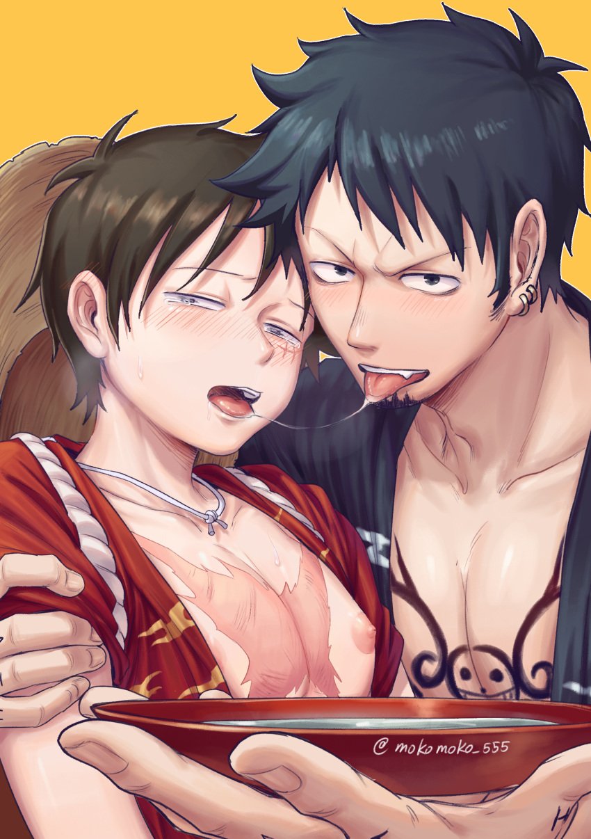 2boys black_hair blush chest_tattoo gay japanese_clothes kimono kissing looking_at_viewer male male_only monkey_d_luffy one_piece sakazuki saliva saliva_trail scar trafalgar_law twink yaoi