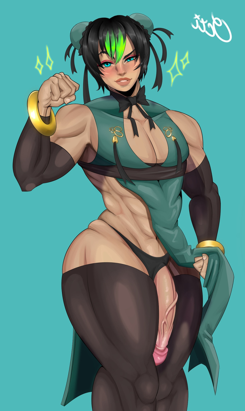 1boy abs ambush_(trap) armwear biceps black_armwear black_hair black_stockings black_thighhighs black_thong bracelet chinese_clothes confident crossdressing eyeshadow femboy gold_bracelet green_background green_hair green_tabard huge_cock jin_wuhan muscular_arms muscular_male muscular_thighs neck_bow octinalu pecs penis penis_out penis_to_the_knees presenting_penis red_eyeshadow short_hair sleeveless smile solo standing stockings tabard tabard_lift thick_lips thick_thighs thighhighs thong tight_clothing trap turquoise_eyes two_tone_hair wide_hips