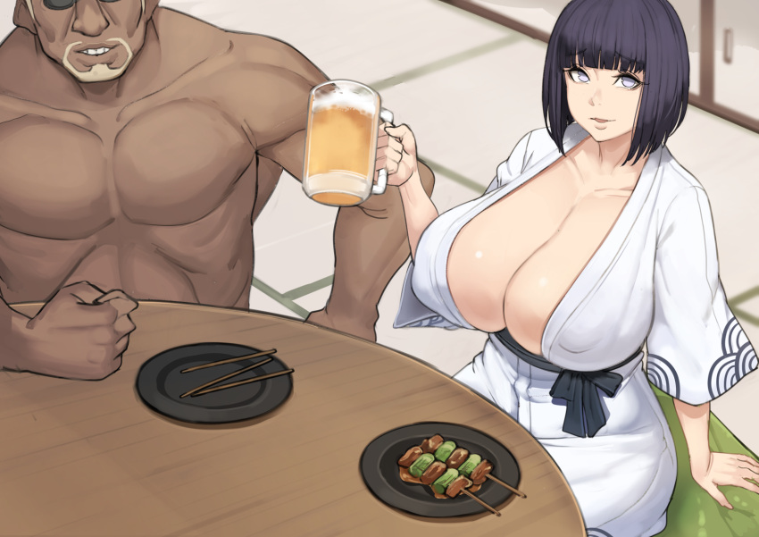 1boy 1girls absurd_res alcohol beer blue_eyes blue_hair blush bob_cut boruto:_naruto_next_generations breasts cleavage clothing curvaceous dark-skinned_male drink drinking english female female_focus fully_clothed hi_res huge_breasts hyuuga_hinata interracial japanese_clothes killer_bee kimono large_breasts metal_owl milf mother naruto naruto_shippuden naughty_face nipple_bulge open_mouth purple_eyes purple_hair shirtless_(male) short_hair shorts sitting smile smooth_skin sweat sweatdrop table text thick_thighs thighs tongue tongue_out wafuku white_eyes