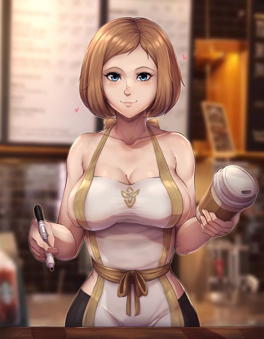 1girls apron bare_shoulders blonde_hair blue_eyes blurry_background brown_hair cleavage collarbone dark_blonde dark_blonde_hair dirty_blonde diry_blonde_hair evomanaphy fire_emblem fire_emblem_heroes freckles holding holding_cup holding_object holding_pen iced_latte_with_breast_milk image indoors kiran_(fire_emblem) kiran_(fire_emblem)_(female) large_breasts looking_at_viewer meme more_at_source naked_apron nintendo sandy_blonde sandy_blonde_hair short_hair shorts sideboob smile solo