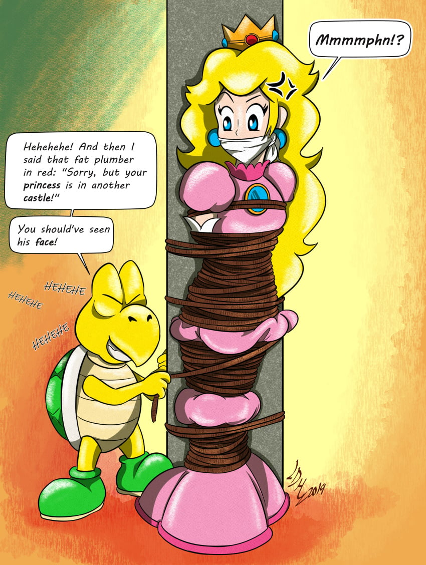 1boy 1girls blonde_hair blue_eyes bondage bound_and_gagged cloth_gag damsel_in_distress fully_clothed gag gagged kidnapped koopa_troopa long_hair lustdidharem mario_(series) nintendo princess_peach rope rope_bondage super_mario_bros. tied_up turtle