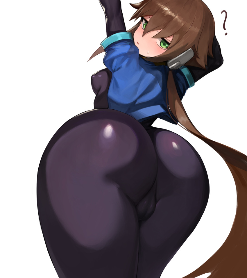 ? aile ass back_view big_ass brown_hair cameltoe capcom dat_ass dokomon female female_only green_eyes headset hi_res jacket long_hair looking_at_viewer looking_back mega_man mega_man_zx mega_man_zx_advent pinup ponytail simple_background skin_tight solo solo_focus very_long_hair white_background