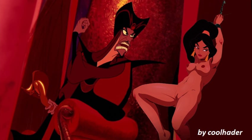 aladdin angry arms_up bondage bound_wrists chained clothed_male_nude_female clothed_male_nude_male coolhader disney disney_princess disney_villains hands_above_head hands_over_head jafar nipples nude_female princess_jasmine