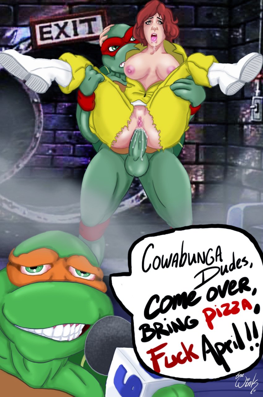 ahe_gao anal anal_penetration anal_sex april_o'neil april_o'neil_(tmnt_1987) areolae big_ass boots breasts brown_eyes brown_hair cannabis carrying channel_6_news cum_in_ass cum_inside dripping dripping_cum drooling drugs exposed_ass exposed_breasts exposed_pussy green_eyes green_skin legs_up lifting livestream mask michelangelo microphone mutant ninja nipples overalls pizza raphael ripped_clothing saliva sewer smoke teenage_mutant_ninja_turtles teenager text text_bubble thewink tongue tongue_out turtle weed