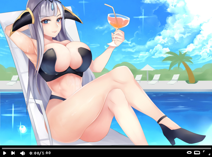 1girls absurdres alternate_costume arm_up armpits bangs bare_legs beach beach_chair bikini black_bikini black_footwear blue_eyes blunt_bangs breasts circlet cloud cloudy_sky crossed_legs day drink drinking_straw eyebrows_visible_through_hair female fire_emblem fire_emblem_cipher glass high_heels highres horn_ornament horns large_breasts lips long_hair midriff nintendo outdoors palm_tree shade_(fire_emblem) silver_hair sky solo solo_female straight_hair swimsuit tea_texiamato thighs tree water