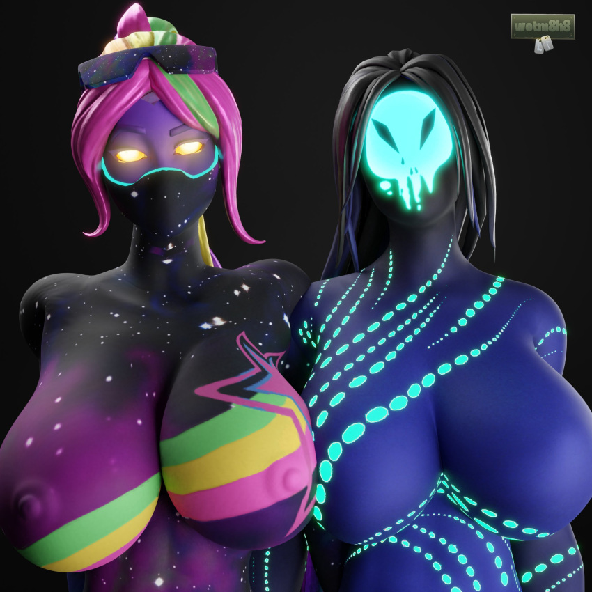 2girls 3d 3d_(artwork) areolae breasts cosmic_skin curvy eyewear_on_head female female_only fortnite fortnite:_battle_royale galaxia_(fortnite) huge_breasts long_hair looking_at_viewer mariana_(fortnite) mask nude sunglasses sunglasses_on_head tagme wotm8h8