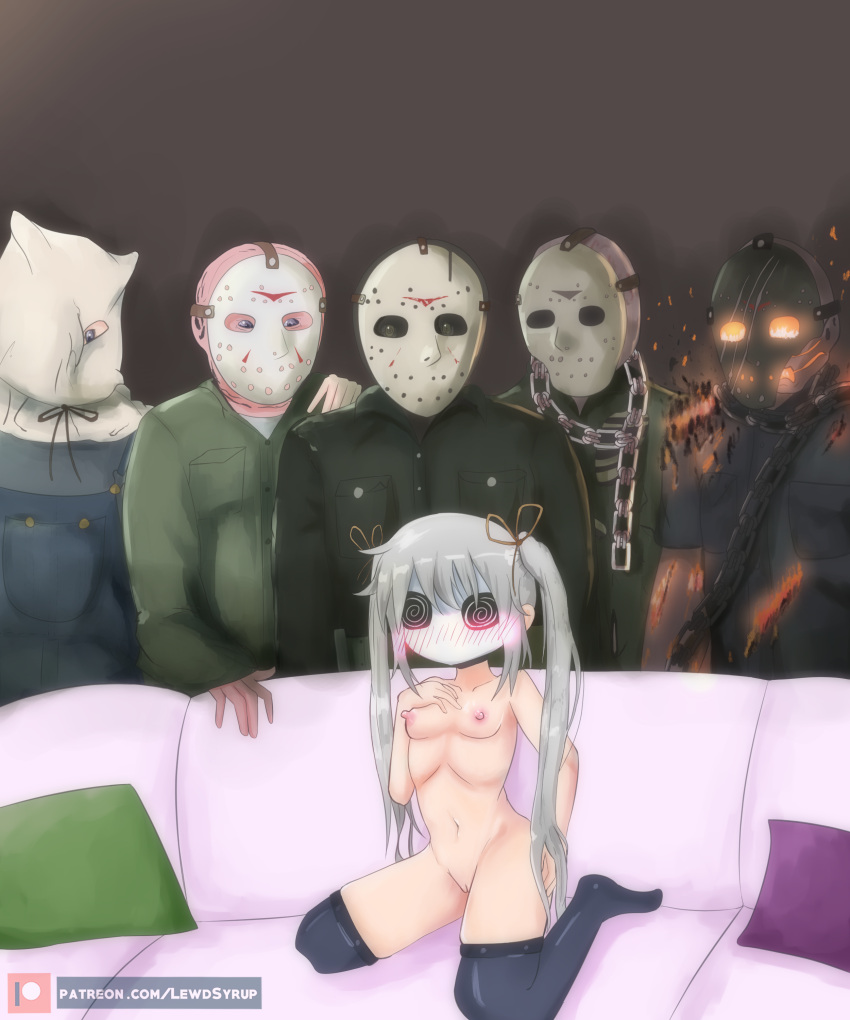 alice_sawyer blush breasts clothed clothed_male_nude_female couch female friday_the_13th front_view jason_voorhees lewdsyrup male mask masked meme multiple_boys naked nude nude_female piper_perri_surrounded small_breasts straight taller_male virtual_youtuber