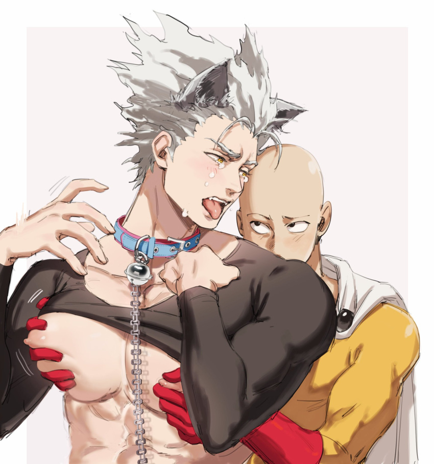 2boys bald bell_collar boob_grab cat_boy cat_collar cat_ears catboy chain_leash chest_grab clothed clothing collar crying crying_with_eyes_open dudlesnudy garou_(one-punch_man) gay gray_hair grey_hair male male/male male_on_male male_only man_boobs man_tits nipples no_visible_genitalia one-punch_man pec_grab pecs saitama tears tears_of_pleasure tongue tongue_out white_hair yaoi