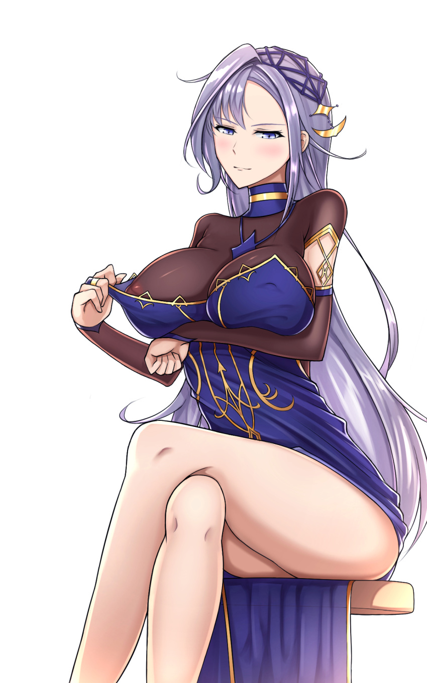 areola_slip dress epic7 exibitionism fully_clothed hair_ornament kise_(epic7) large_breasts long_hair looking_at_viewer purple_eyes purple_hair sitting smiling unknown_artist