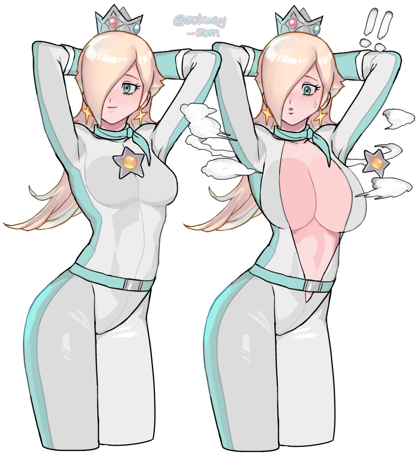 1girls arms_behind_head biker_clothes blonde_hair bodysuit breast_expansion breasts female long_hair mario_(series) mario_kart multiple_images nintendo png princess_rosalina skin_tight subway_sum unzipped unzipped_bodysuit wardrobe_malfunction white_background