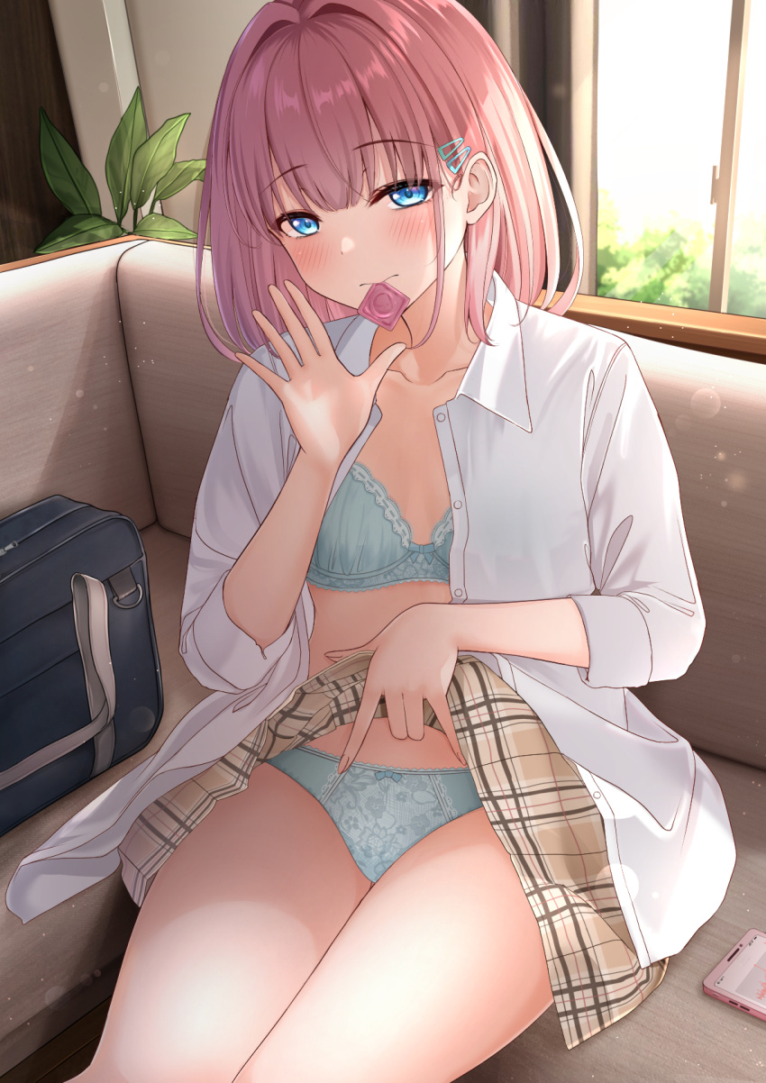 bangs beige_skirt blue_bra blue_eyes blue_panties blush bra breasts brown_hair cleavage closed_mouth clothing collarbone collared_shirt condom condom_wrapper dress_shirt female hair_ornament hairclip highres legs_together long_sleeves looking_at_viewer matching_underwear medium_breasts monaka_curl mouth_hold open_clothes open_shirt original panties pink_hair plaid plaid_skirt shirt short_hair sitting skirt skirt_lift thighs underwear white_shirt