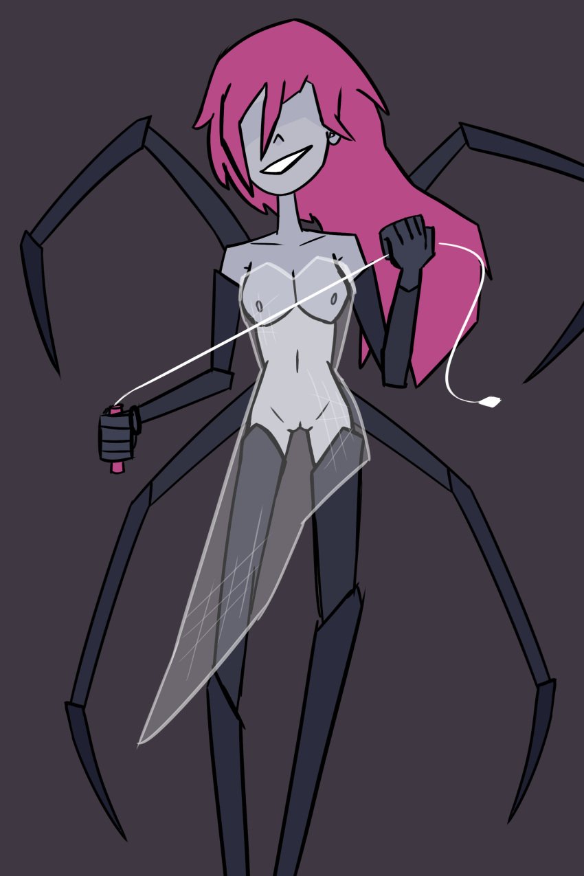 antegrade arachnid breasts dubem fanfiction female femdom grey_skin grin holding_whip no_eyes omori pink_hair pussy revealing_clothes smug spider_humanoid spider_legs whip white_dress