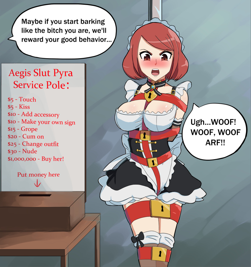 angry ashamedox barking bondage comic humiliation maid maid_headdress maid_uniform nintendo pyra straps text xenoblade_(series) xenoblade_chronicles_2