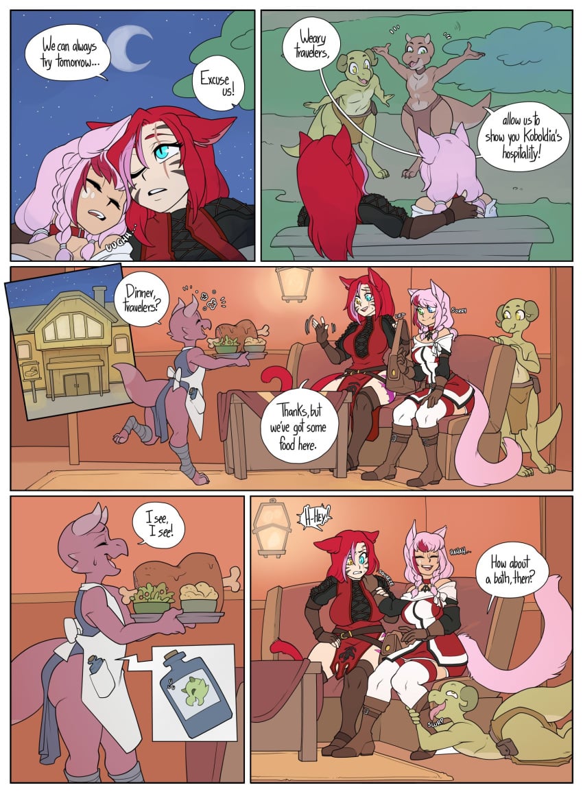 2girls anthro boys breasts bunnox cat_ears cat_humanoid clothed clothing comic felid felid_humanoid feline heterochromia horns kobold licking miqo'te pink_hair potion red_hair sabrith_ebonclaw scalie tail tayelle_ebonclaw video_games