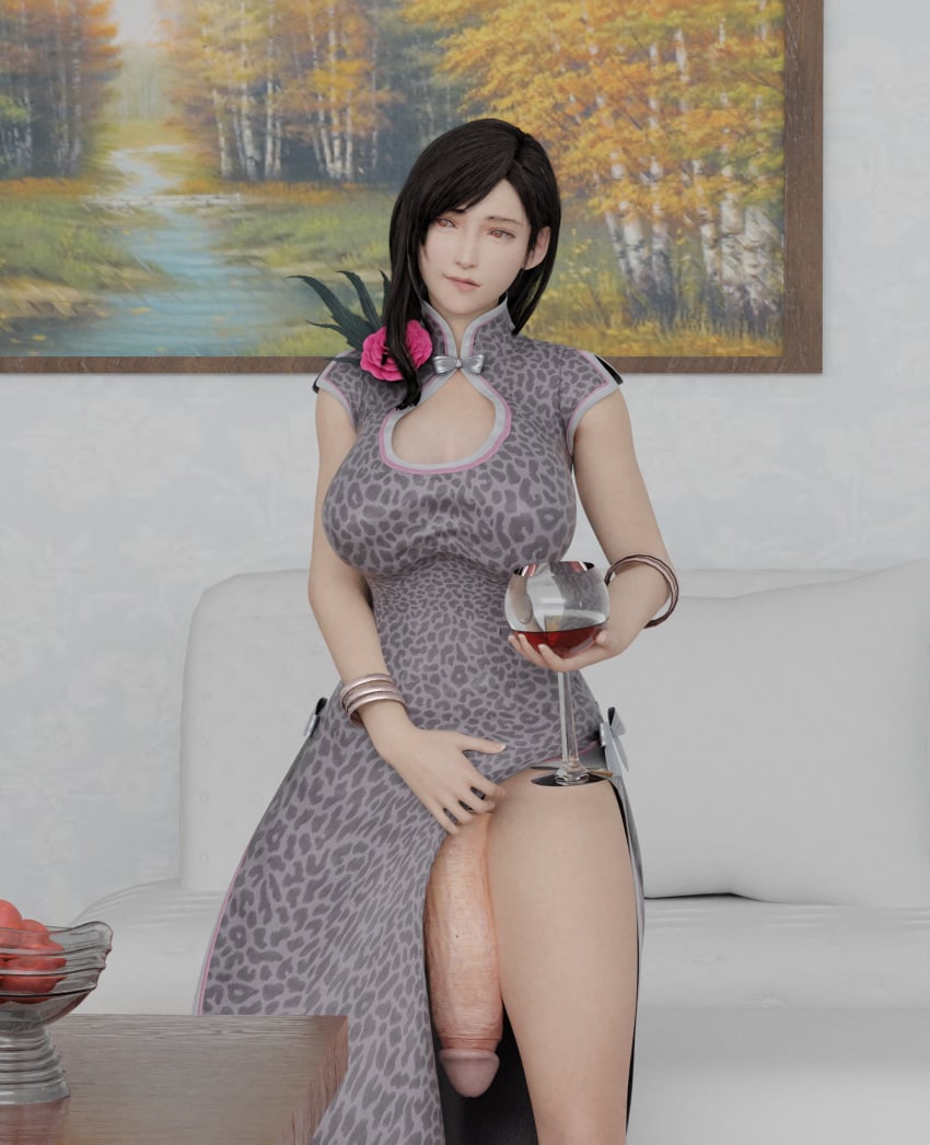 3d alcohol alcoholic_beverage alcoholic_drink big_penis biting_lip black_hair dress dress_lift dress_lifted_by_self final_fantasy final_fantasy_vii final_fantasy_vii_remake flashing flashing_penis futanari holding_glass huge_cock jewelry large_breasts large_penis leopard_dress leopard_print long_hair long_penis penis_to_the_knees sisalik solo_futa tifa_lockhart wine wine_glass wristband wristbands