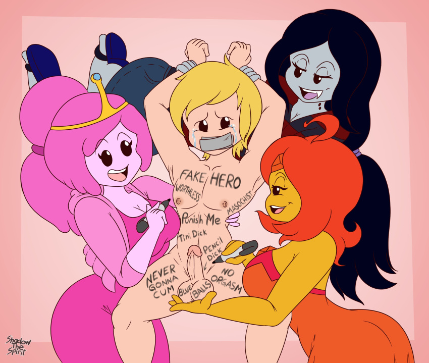 1boy 3girls adventure_time arms_up ball_fondling black_hair body_writing bondage bullying cartoon_network clothed_female_nude_male fangs femdom finn_the_human flame_princess gag gagged humiliation marceline molestation pink_hair pink_skin princess_bubblegum red_hair red_skin shadowthespirit small_penis_humiliation sph tape_gag taped_mouth tears text