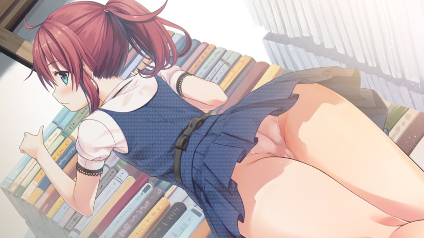 aqua_eyes blue_eyes books cura female female_only library pantyshot red_hair solo solo_female upskirt