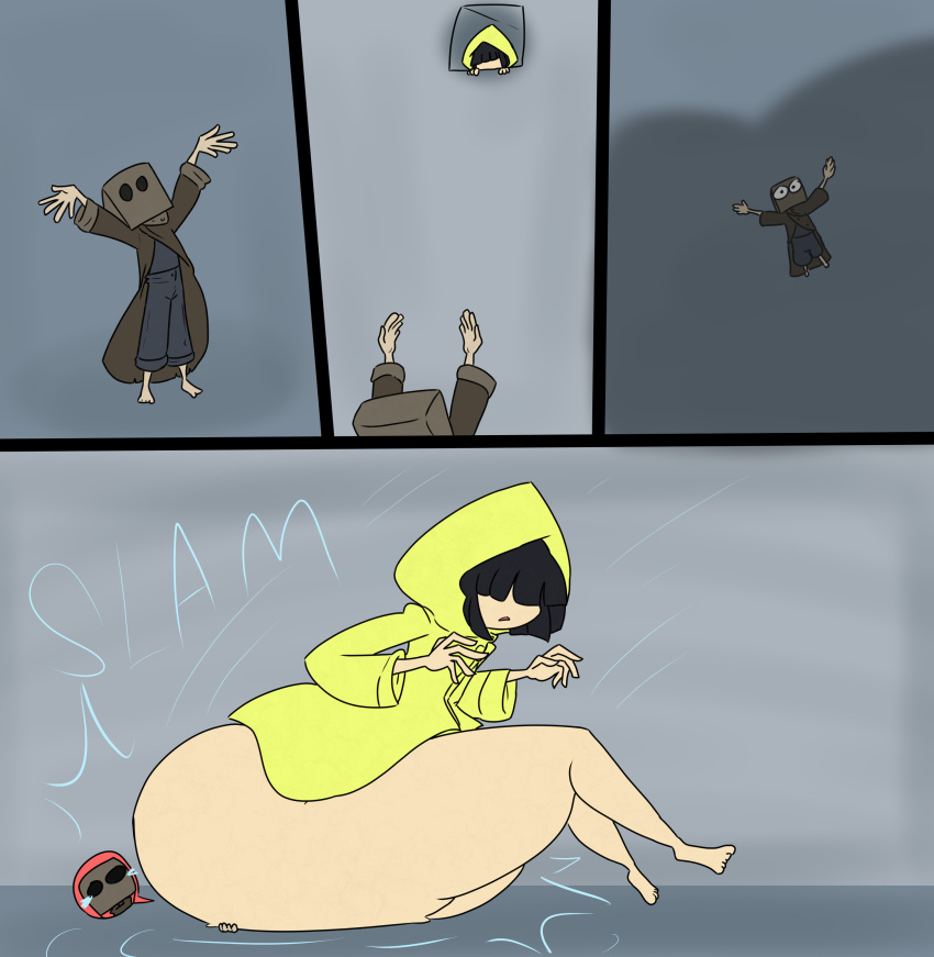 1boy 1girls ass bag bangs black_hair clothing comic crushed da-fuze fat female female_focus hair_covering_eye hips hyper_ass large_ass little_nightmares little_nightmares_2 male mono_(little_nightmares_2) no_pants outerwear raincoat short_hair simple_background sitting_on_person six_(little_nightmares) thick_thighs thighs wide_hips