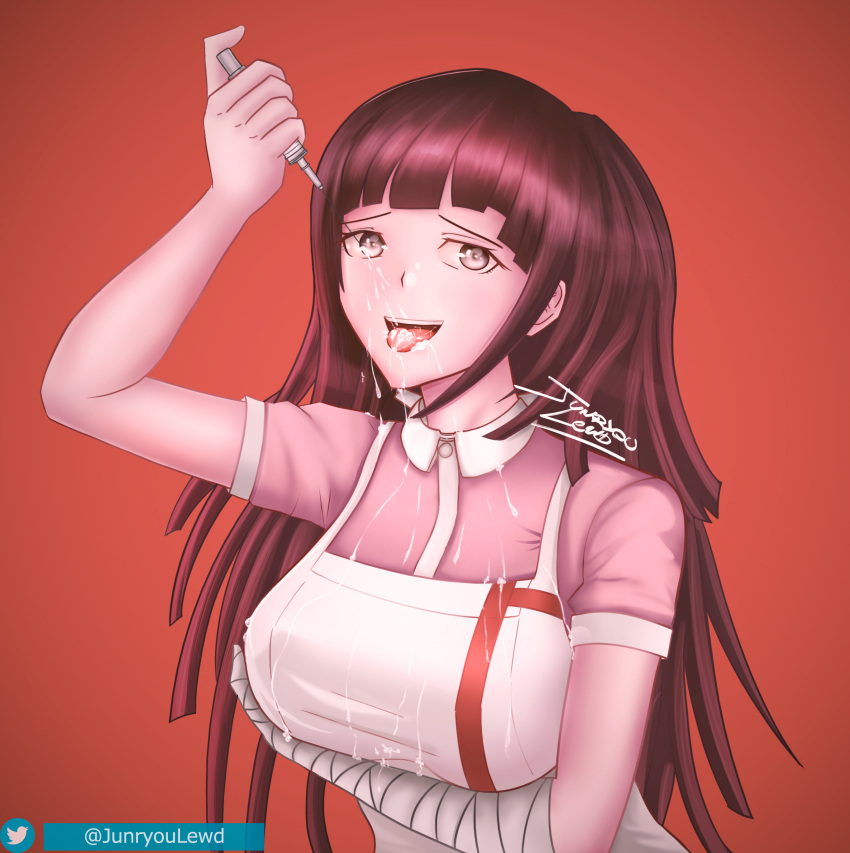 1girls blush cum cum_in_mouth cum_on_breasts cum_on_face danganronpa danganronpa_2:_goodbye_despair female_only junryoulewd long_hair solo straight_hair syringe tsumiki_mikan