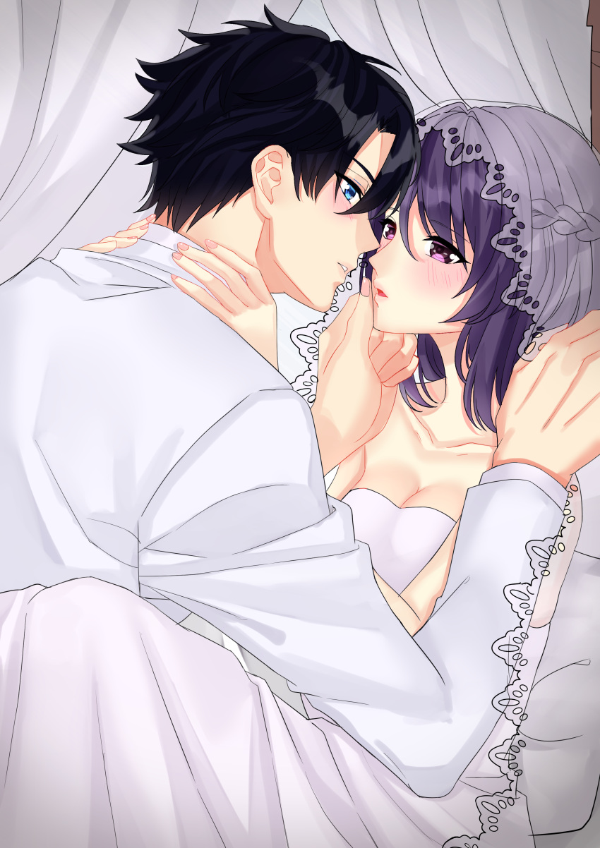 1boy 1girls bedroom black_hair bridal_veil bride canopy_bed couple fault_milestone female imminent_kiss purple_eyes purple_hair ritona_reighnvhasta veil wedding_dress wedding_veil