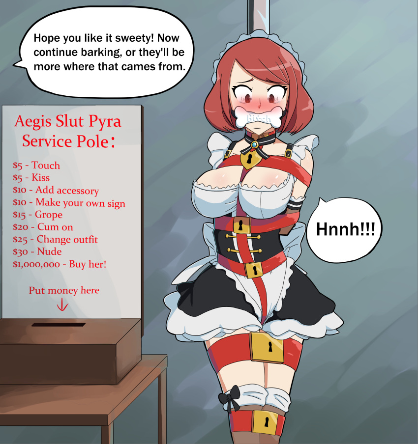 angry ashamedox blush bondage comic gag gagged humiliation maid maid_headdress maid_uniform nintendo pyra straps text xenoblade_(series) xenoblade_chronicles_2