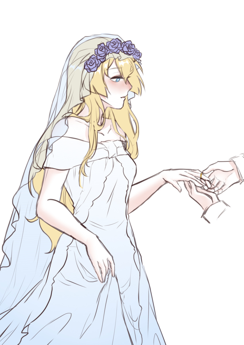 1girls blonde_hair blue_eyes bridal_veil bride fault_milestone female flower flower_in_hair hairband selphine_rughzenhaide solo solo_focus veil wedding_dress wedding_ring white_dress