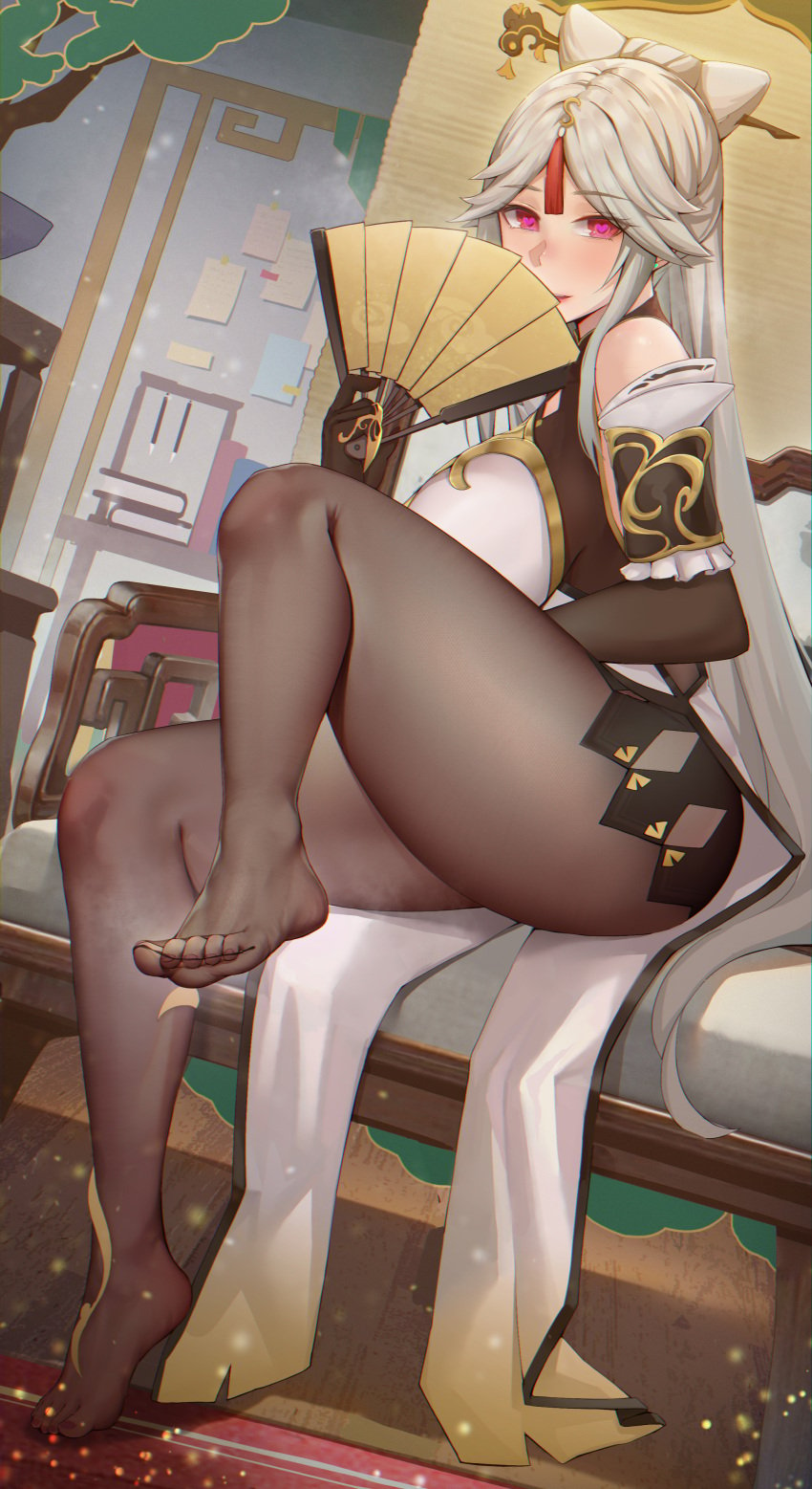 armwear bare_shoulders barefoot big_breasts blush breasts clothed ctrlz77 earrings female female_only foot_fetish genshin_impact heart-shaped_pupils highres legwear long_hair looking_at_viewer ningguang_(genshin_impact) open_mouth pantyhose red_eyes seductive sitting smile solo_female thick_thighs thighs uniform very_long_hair white_hair