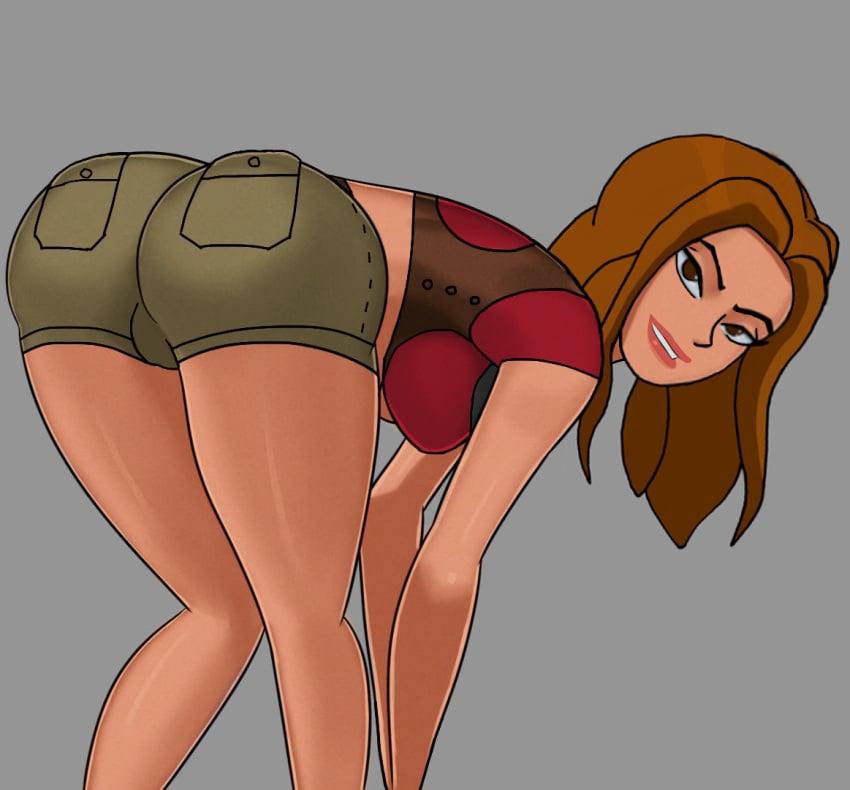 1girls ass ass_focus ass_up bent_over booty_shorts breasts brown_eyes cameltoe cargo_shorts clothing crop_top drawingthings12 edit female female_only huge_ass hunched_over jumanji karen_gillan large_breasts long_hair looking_at_viewer looking_back red_hair ruby_roundhouse smile sunsetriders7 thick_ass thick_thighs wide_hips