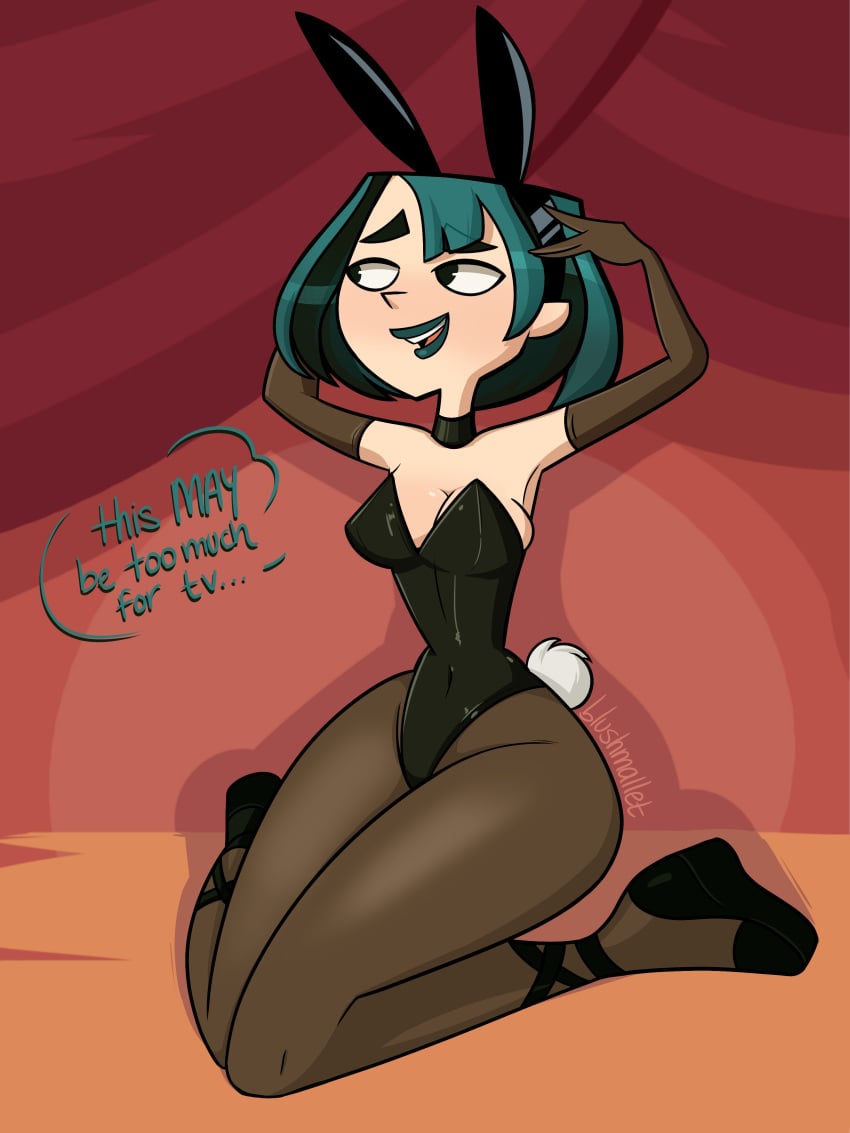 aqua_hair black_hair blushmallet brown_gloves bunny_ears bunny_tail bunnysuit cartoon_network choker cleavage dialogue elbow_gloves gloves goth green_eyes green_hair green_lipstick gwen_(tdi) lips lipstick looking_to_the_side narrow_shoulders on_knees pale-skinned_female pale_skin pantyhose short_hair thick_thighs thin_arms thin_waist total_drama_island two_tone_hair wide_hips