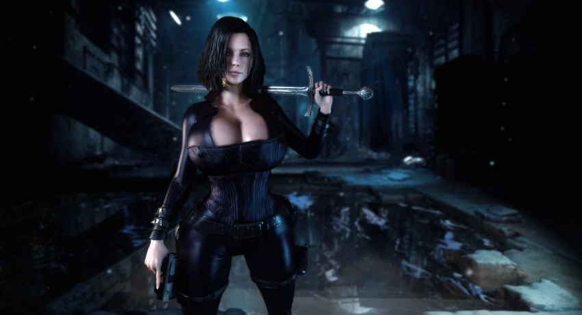 1girls 3d 3d_(artwork) alternate_breast_size bimbo black_bodysuit black_hair blue_eyes bodysuit bottom_heavy breasts breasts_bigger_than_head busty corset curvy dark_hair digital_media_(artwork) dual_wielding eyebrows eyelashes eyes female female_only gun hourglass_figure huge_breasts human human_only kate_beckinsale large_breasts light-skinned_female light_skin lips round_breasts selene_(underworld) short_hair slim slim_waist solo sword thick thick_legs thick_thighs top_heavy underworld upper_body vaako vampire vampire_girl voluptuous waist weapon wide_hips