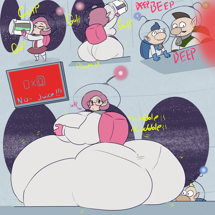 1girls 3boys alph_(pikmin) ass belly big_nose blonde_hair blue_hair blush breasts brittany_(pikmin) brown_hair charlie_(pikmin) da-fuze dot_eyes drinking fat female glasses hips juice k large_ass large_breasts louie mob_face nintendo overweight_female pikmin pikmin_3 pink_hair pointy_ears short_hair skirt space space_helmet spacesuit thick_thighs thighs thunder_thighs whistle wide_hips