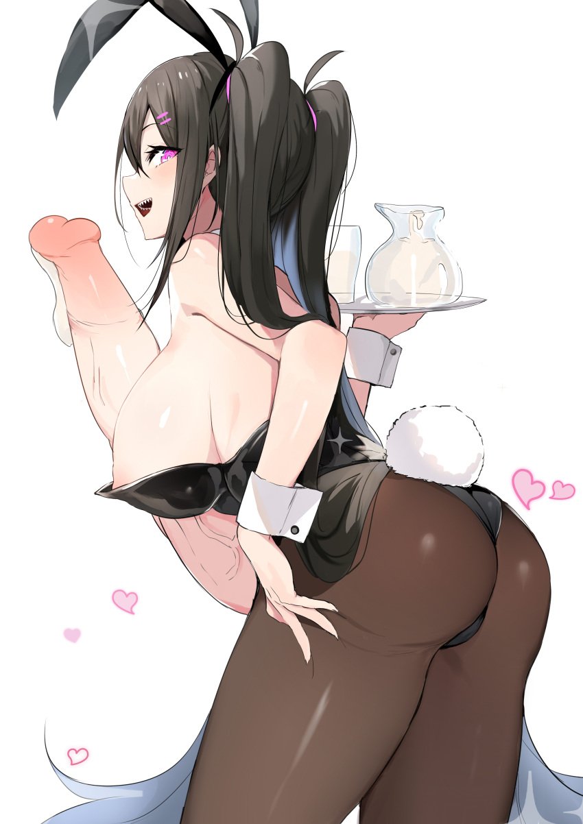 1futa ass ass_grab big_ass big_breasts big_penis boobs breasts breasts_exposed breasts_out_of_clothes bunny_ears_(cosmetic) bunnysuit cum_in_container cum_in_cup futa_only futanari futanari_exposed huge_cock hung_futanari looking_back_at_viewer nipple_slip nipple_teasing purple_eyes red_potato_rinrin sharp_teeth twintails waitress yuuki_nanase_(red_potato_rinrin)