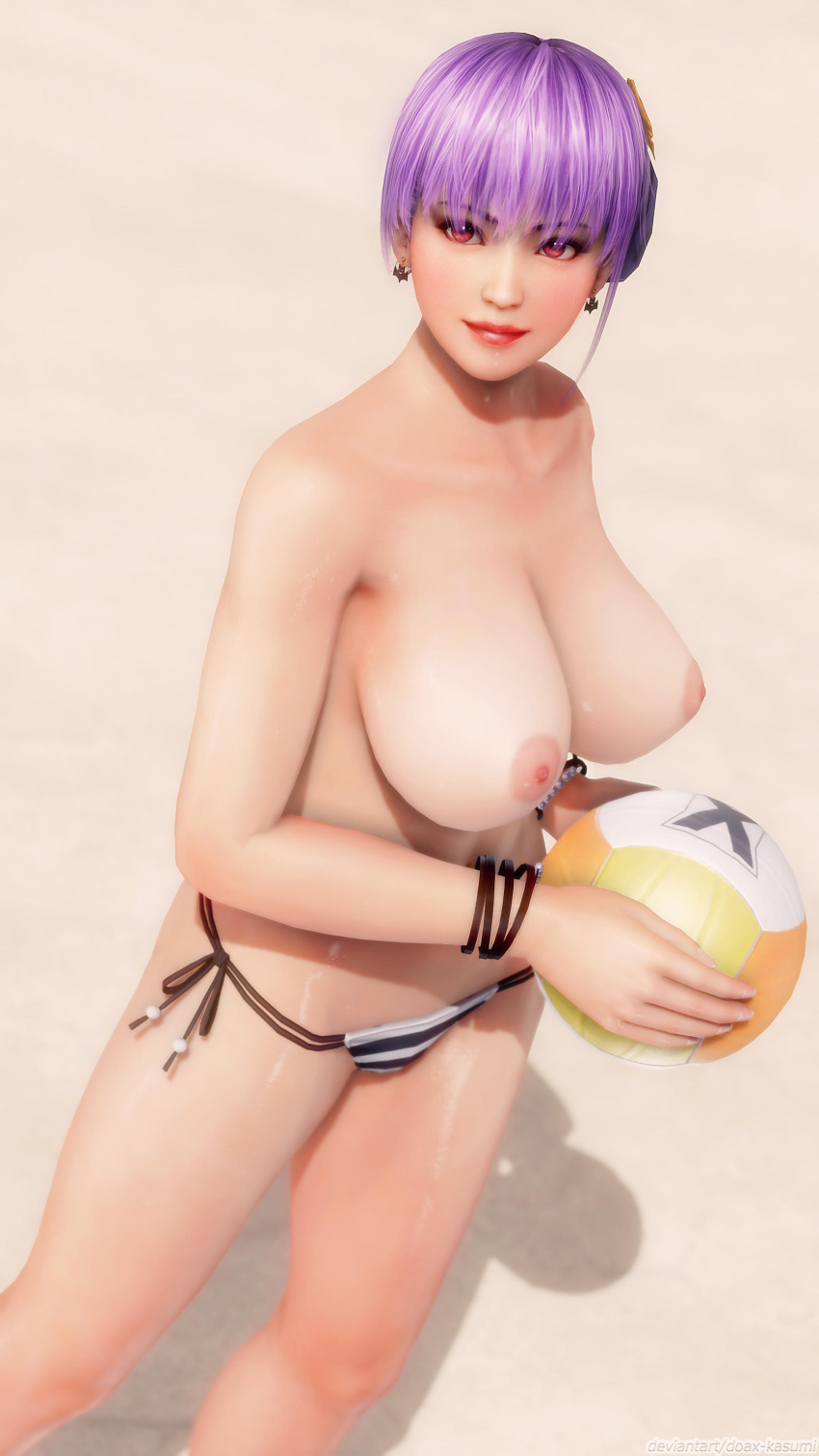 1girls 3d ayane_(doa) beach bikini_bottom dead_or_alive dead_or_alive_xtreme_beach_volleyball doax-kasumi huge_breasts looking_at_viewer purple_hair red_eyes topless volleyball_(ball)