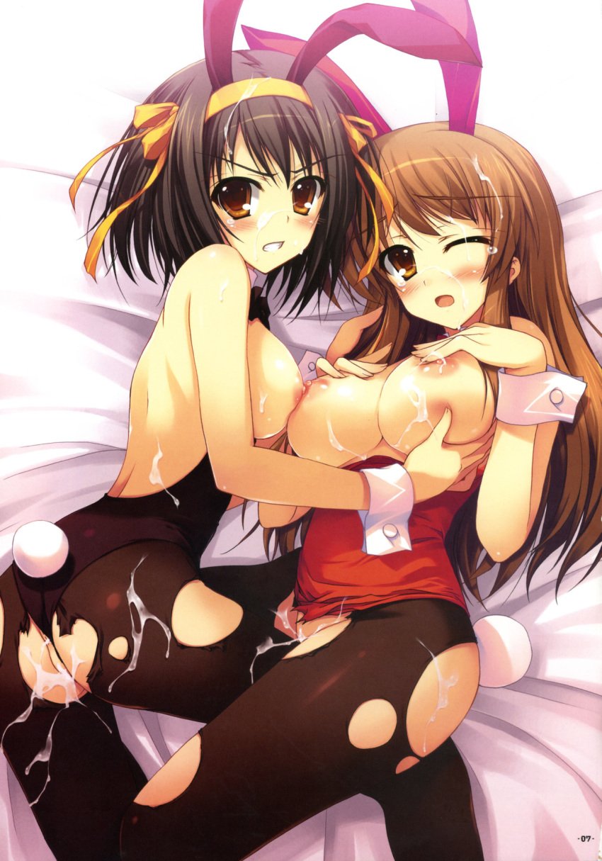 2girls animal_ear asahina_mikuru bed breasts bunny_ear bunnysuit cum cum_on_body cum_on_breasts cum_on_upper_body facial female female_only highres mugenkidou multiple_girls nipples pantyhose suzumiya_haruhi suzumiya_haruhi_no_yuuutsu tomose_shunsaku torn_clothes torn_pantyhose wrist_cuffs yuri