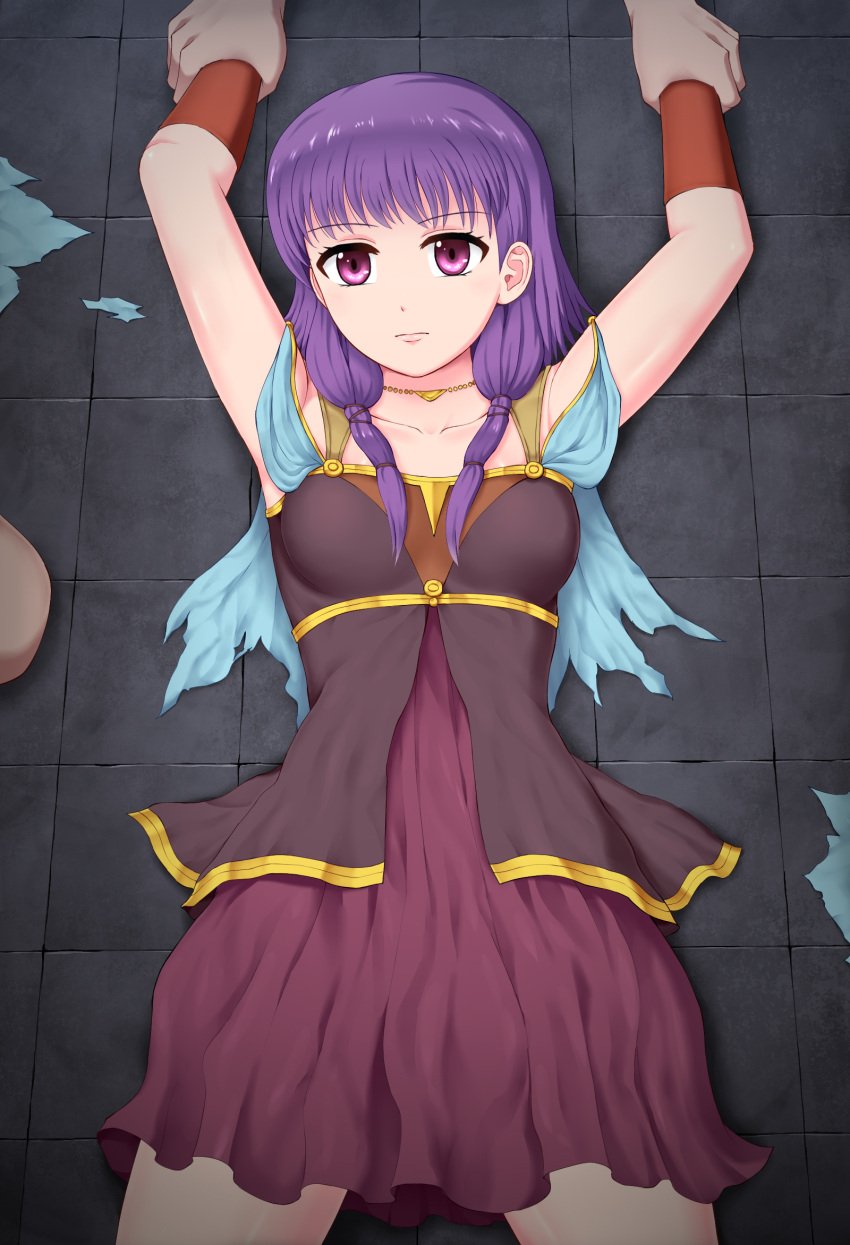 1girls arms_up bare_arms collarbone expressionless fire_emblem fire_emblem:_the_sacred_stones forced imminent_rape looking_at_viewer lute_(fire_emblem) medium_breasts medium_hair necklace nintendo pazu_056 pazuzu438 purple_eyes purple_hair restrained solo_female solo_focus torn_clothes