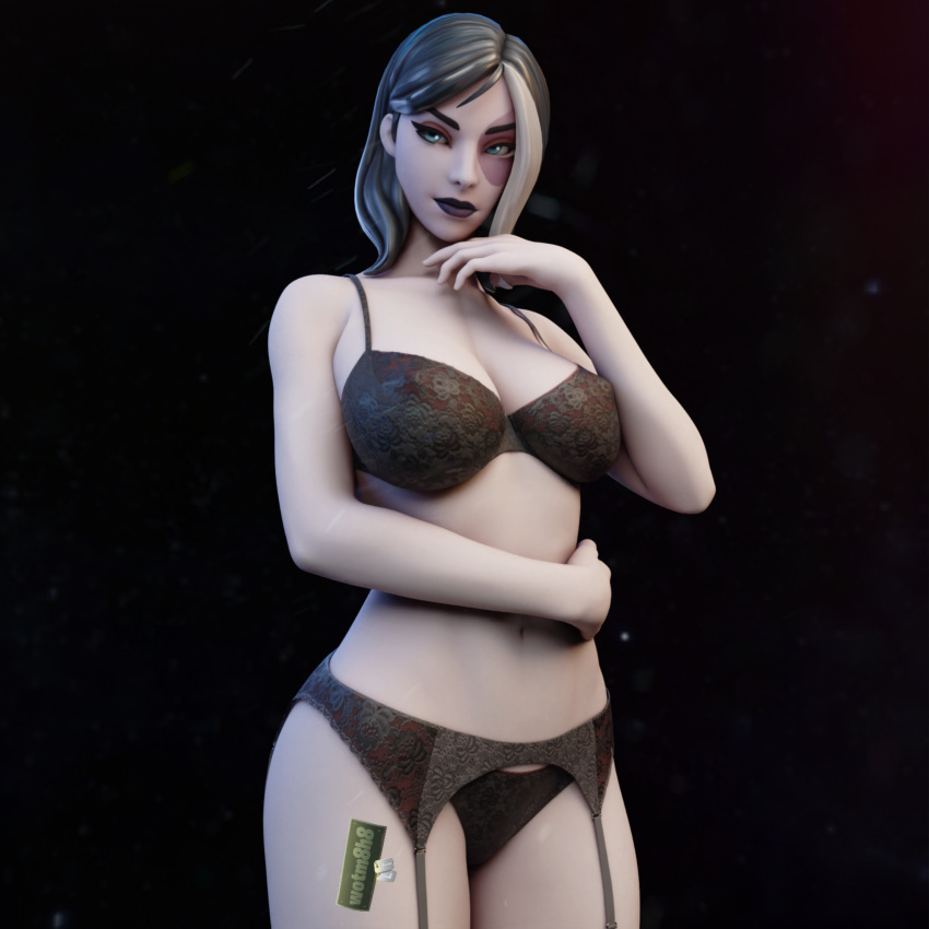 1girls 3d 3d_(artwork) black_lips bra breasts domino_(fortnite) domino_(marvel) female female_only fortnite fortnite:_battle_royale hand_under_head lingerie long_hair looking_away marvel marvel_comics neena_thurman nipple_bulge pale_skin panties partially_clothed smirk solo tagme thick_thighs white_body wide_hips wotm8h8 x-force x-men