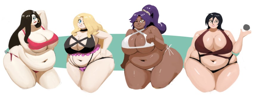 4girls battle_tendency belly_overhang bikini bleach blue_hair chubby cleavage dark_blue_hair expansion fat female female_only huge_belly huge_breasts jojo's_bizarre_adventure lisa_lisa medium_hair merlin_(nanatsu_no_taizai) multiple_girls nanatsu_no_taizai overweight overweight_female plump seven_deadly_sins shihouin_yoruichi short_hair sonier103 swimsuit thick_legs tight_clothing weight_gain wide_hips yellow_eyes