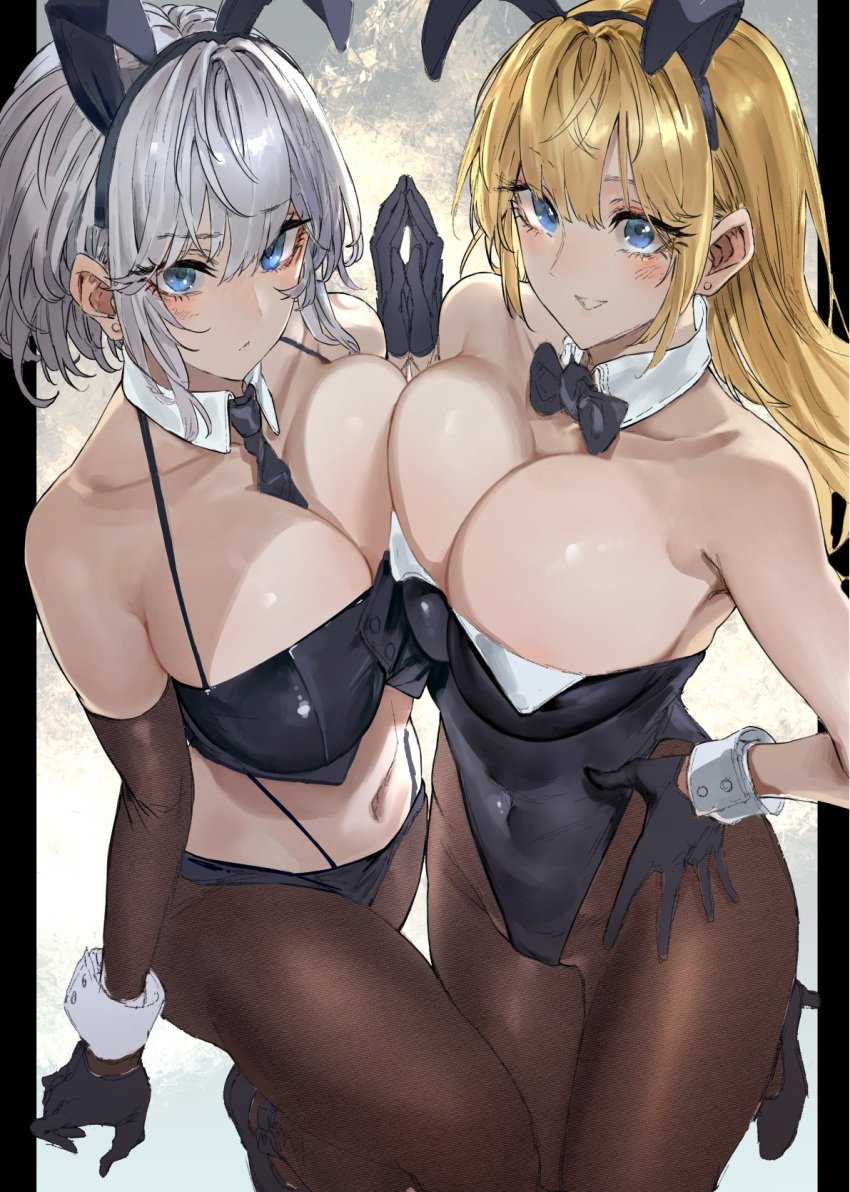 2girls animal_ears azur_lane bangs bare_arms bare_shoulders black_gloves black_legwear black_leotard black_neckwear blonde_hair blue_eyes bow bowtie breast_press breasts bunny_ears cleavage collarbone covered_navel detached_collar gloves hand_on_hip large_breasts leotard long_hair looking_at_viewer multiple_girls navel north_carolina_(azur_lane) pantyhose playboy_bunny short_hair signo_aaa silver_hair smile washington_(azur_lane) wrist_cuffs