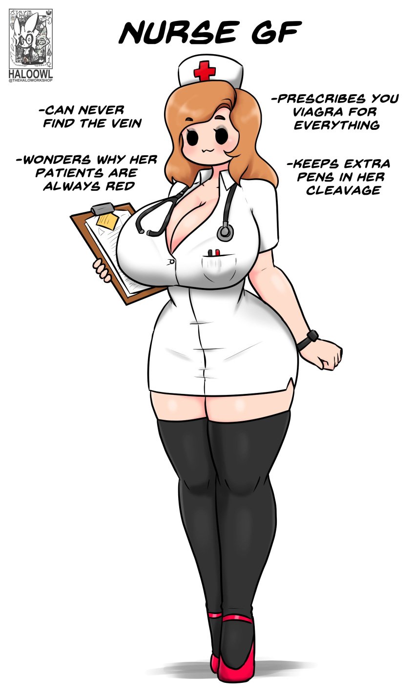 1girls :3 alternate_version_at_source alternate_version_available artist_logo artist_name black_thighhighs breasts brown_hair cleavage clipboard clothed clothed_female eyebrows_visible_through_hair female female_only haloowl high_heels holding holding_clipboard holding_object human ideal_gf large_breasts meme nurse nurse_cap nurse_uniform original pen red_heels red_high_heels solo solo_female standing stethoscope tagme text thighhighs watch white_background white_clothing wristwear