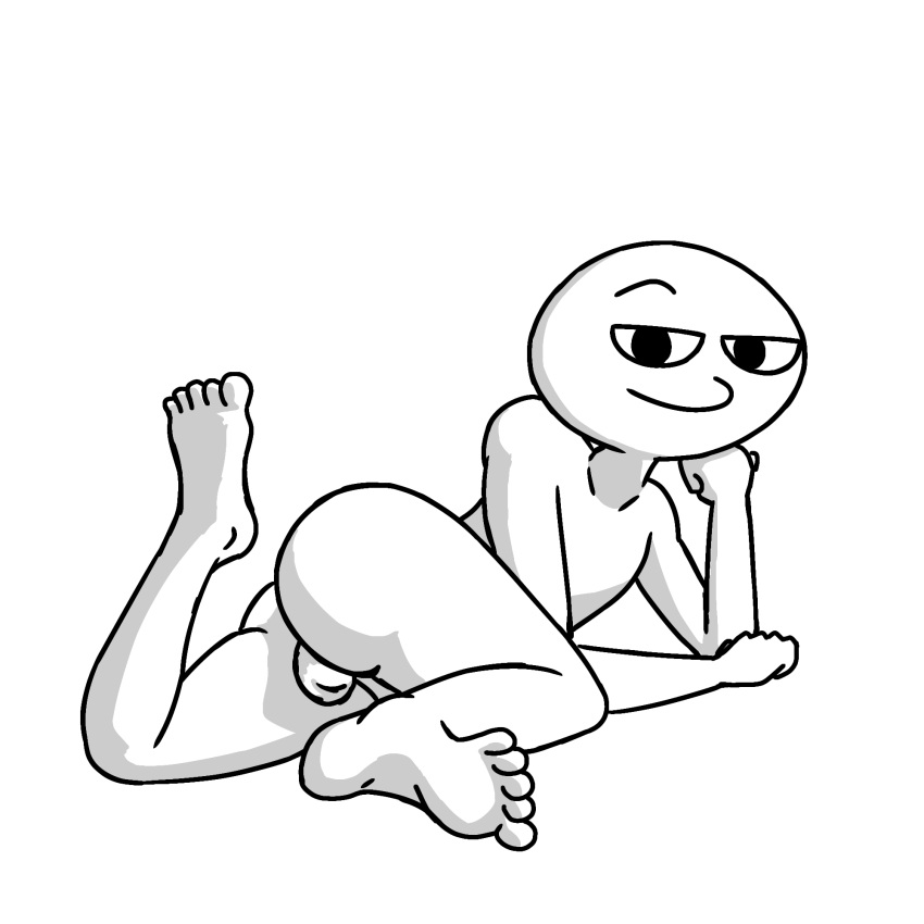 1boy 2021 absurd_res ass bald big_ass black_eyes feet flurk full_body greyscale head_rest highres laggy_boii looking_at_viewer lying male male_only meme monochrome original penis soles solo stonetoss testicles thick_thighs thighs toes transparent_background white_body