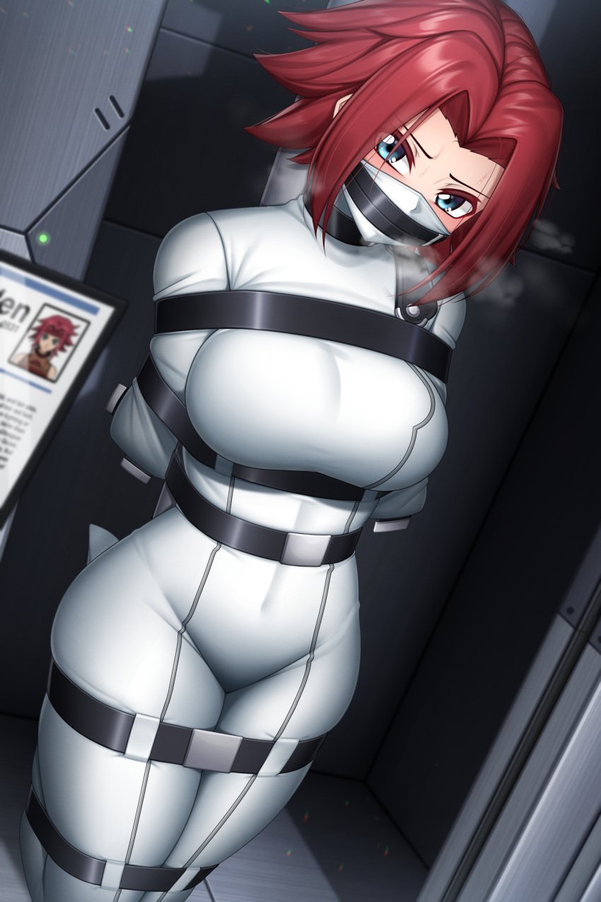 1girls arms_behind_back belt blue_eyes bodysuit bondage code_geass female female_focus female_only gag gagged hands_behind_back highres kallen_stadtfeld large_breasts navel over_the_nose_gag photograph plusout png red_hair solo solo_female solo_focus steam straitjacket sweat white_bodysuit