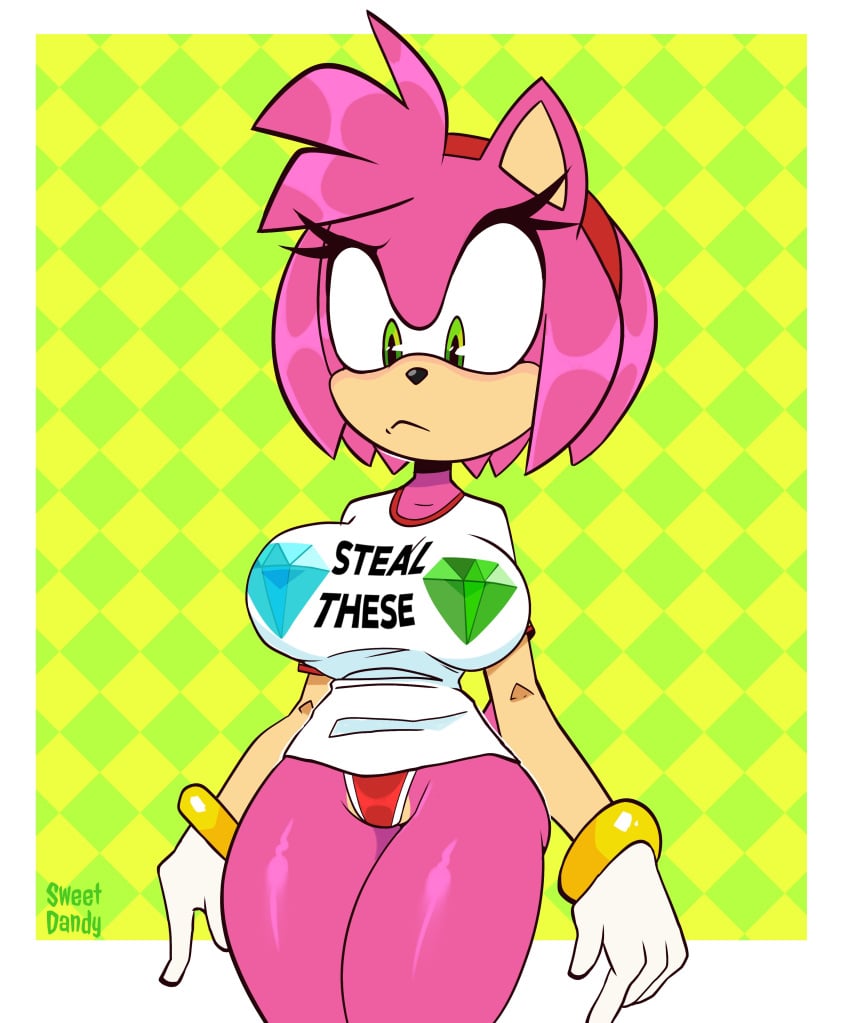 amy_rose clothing fuck-me_shirt gloves green_eyes large_breasts monamania no_pants panties pink_fur pink_hair sonic_(series) sonic_the_hedgehog_(series) sweetdandy